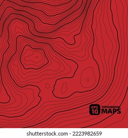 The stylized height of the topographic map contour in lines and contours. Black stroke on red . The concept of a conditional geography scheme and the terrain path. 1x1 Size. Vector illustration.