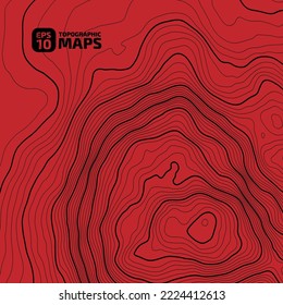 The stylized height of the topographic map contour in lines and contours. Black stroke on red . The concept of a conditional geography scheme and the terrain path. 1x1 Size. Vector illustration.