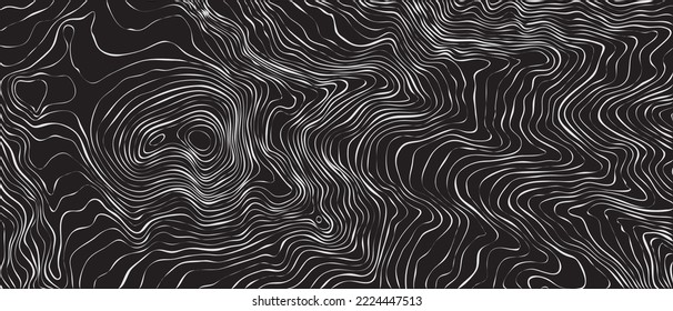 The stylized height of the topographic map contour in lines and contours. The concept of a conditional geography scheme and the terrain path. White on black. Ultra wide size. Vector illustration.