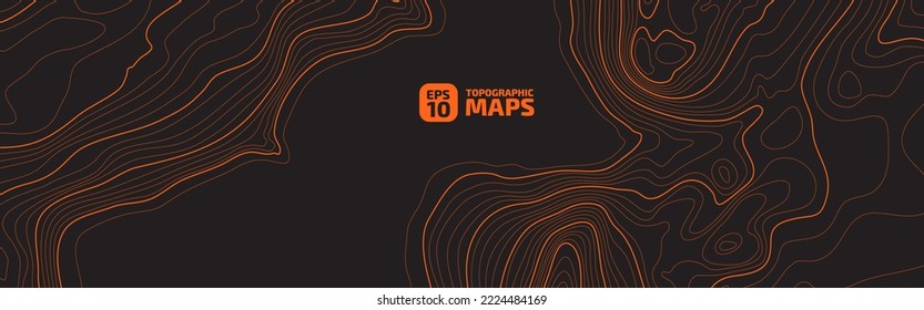 The stylized height of the topographic map contour in lines and contours. The concept of a conditional geography scheme and the terrain path. Orange on black. Ultra wide size. Vector illustration.