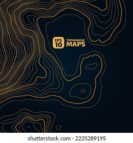 The stylized height of the topographic map contour in lines and contours. Yellow on dark blue . The concept of a conditional geography scheme and the terrain path. 1x1 Size. Vector illustration.