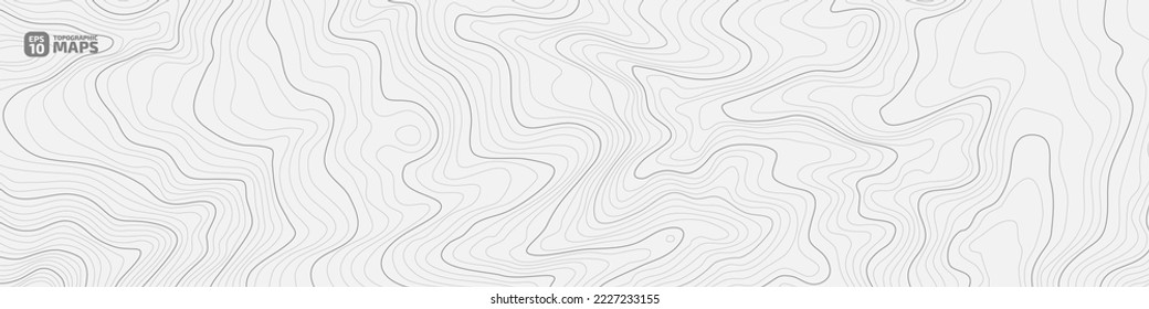 The stylized height of the topographic map contour in lines and contours. Black on gray colors. Concept of a conditional geography scheme and the terrain path. Ultra wide size. Vector Illustration.