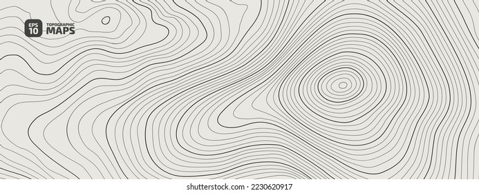 The stylized height of the topographic map contour in lines and contours. Black on gray colors. Concept of a conditional geography scheme and the terrain path. Ultra wide size. Vector Illustration.