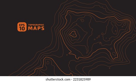 The stylized height of the topographic map contour in lines and contours. The concept of a conditional geography scheme and the terrain path. Orange on black. Wide size. Vector illustration.