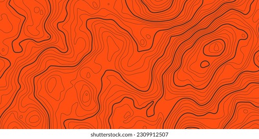 The stylized height of the topographic map contour in lines and contours. The concept of a conditional geography scheme and the terrain path. Black on orange. Wide size. Vector illustration.