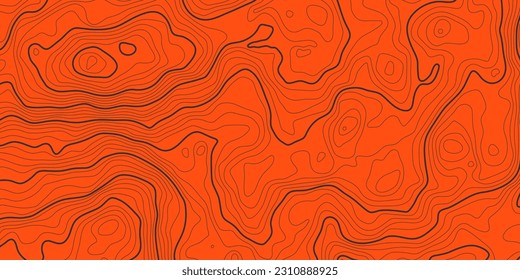 The stylized height of the topographic map contour in lines and contours. The concept of a conditional geography scheme and the terrain path. Black on orange. Wide size. Vector illustration.