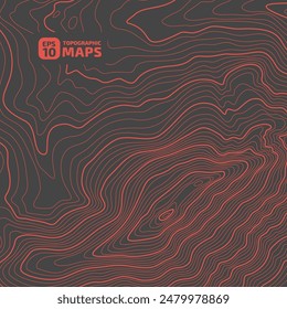Altura estilizada del contorno del mapa topográfico en líneas y contornos. El concepto de esquema geográfico condicional y la trayectoria del terreno. Naranja sobre negro. Lienzo de tamaño 1x1. Ilustración vectorial.