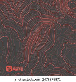 The stylized height of the topographic map contour in lines and contours. The concept of a conditional geography scheme and the terrain path. Orange on black. 1x1 size canvas. Vector illustration.
