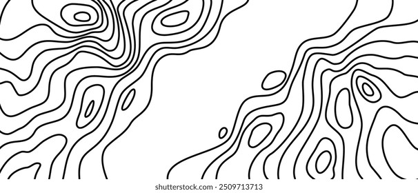 The stylized height of the topographic map contour in lines and slim contours. Black on white. Concept of a conditional geography scheme and the terrain path, earth. Wide Size. Vector illustration.