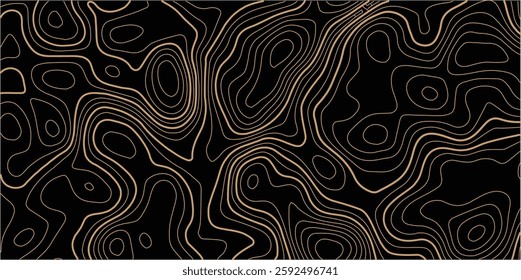 The stylized height of the topographic map contour in lines and contours. The concept of a conditional geography scheme and the terrain path. Orange on black. Ultra wide size. Vector illustration.
