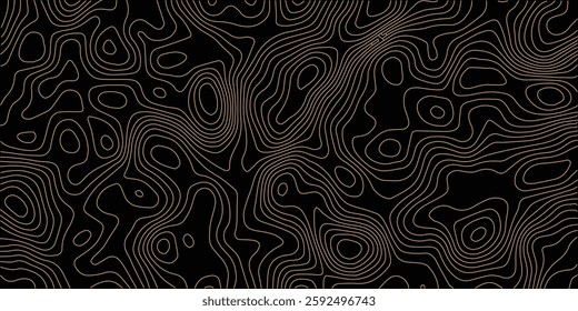 The stylized height of the topographic map contour in lines and contours. The concept of a conditional geography scheme and the terrain path. Orange on black. Ultra wide size. Vector illustration.
