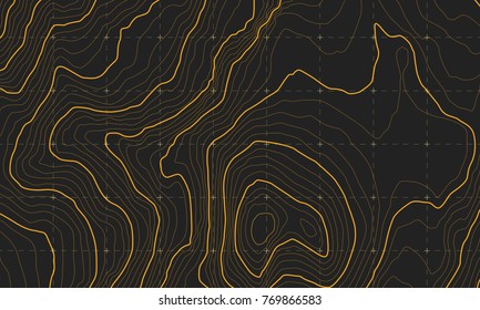 The stylized height of the topographic map contour in lines and contours. The concept of a conditional geography scheme and the terrain path. Orange lines on a dark background. Vector illustration.