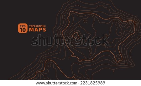 The stylized height of the topographic map contour in lines and contours. The concept of a conditional geography scheme and the terrain path. Orange on black. Wide size. Vector illustration.