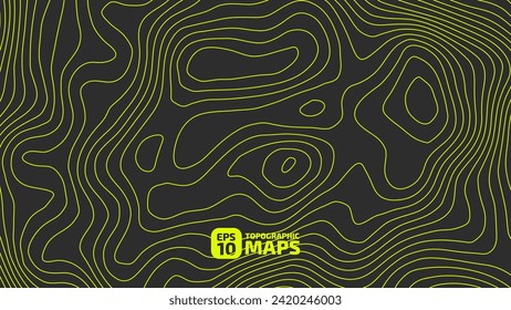 The stylized height of the topographic map in contours. The concept of a conditional geography scheme and the terrain path. Acid green lines on a dark background. Vector illustration