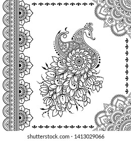 Stylized with henna tattoo decorative pattern for decorating covers book, notebook, casket, postcard and folder. Mandala, flower, peacock and border in mehndi style. Frame in the eastern tradition.