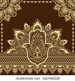 Stylized with henna tattoo decorative pattern for decorating covers book, notebook, casket, postcard and folder. Mandala, Hamsa and border in mehndi style. Frame in the eastern tradition.