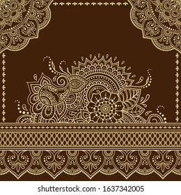 Stylized with henna tattoo decorative pattern for decorating covers book, notebook, casket, postcard and folder. Mandala, flower and border in mehndi style. Frame in the eastern tradition.