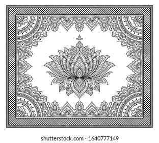 Stylized with henna tattoo decorative pattern for decorating covers book, notebook, casket, postcard and folder. Mandala, Lotus flower and border in mehndi style. Frame in the eastern tradition.