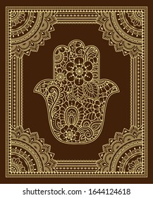 Stylized with henna tattoo decorative pattern for decorating covers book, notebook, casket, postcard and folder. Mandala, Hamsa and border in mehndi style. Frame in the eastern tradition.