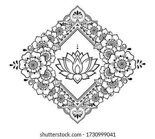 Estilizado con un patrón decorativo de tatuaje de henna para decorar carátulas, cuaderno, cajón, postal y carpeta. Mandala, Lotus flor y frontera en estilo mehndi. Marco de la tradición oriental.