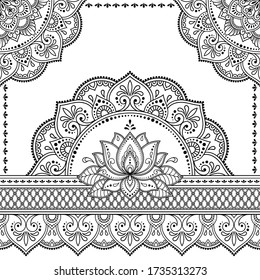 Stylized with henna tattoo decorative pattern  Mandala, Lotus flower and border in mehndi style. Frame in the eastern tradition.