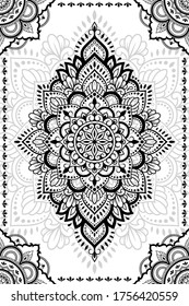 Stylized with henna tattoo decorative pattern for decorating covers book, notebook, casket, postcard and folder. Mandala and border in mehndi style. Frame in the eastern tradition.