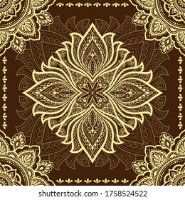 Stylized with henna tattoo decorative pattern for decorating covers book, notebook, casket, postcard and folder. Mandala, Lotus flower and border in mehndi style. Frame in the eastern tradition.