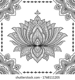 Stylized with henna tattoo decorative pattern for decorating covers book, notebook, casket, postcard and folder. Mandala, Lotus flower and border in mehndi style. Frame in the eastern tradition.
