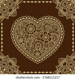 Stylized with henna tattoo decorative pattern for decorating covers book, notebook, casket, postcard and folder. Mandala, Heart of flowers and border in mehndi style. Frame in the eastern tradition.