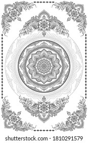 Estilizado con un patrón decorativo de tatuaje de henna para decorar carátulas, cuaderno, cajón, postal y carpeta. Flor y borde en estilo mehndi. Marco de la tradición oriental.