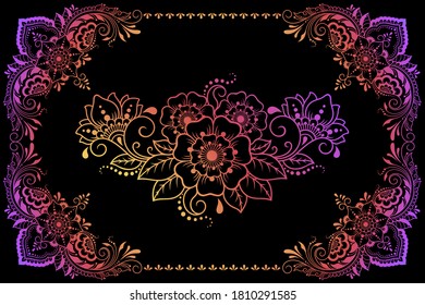 Stylized with henna tattoo decorative pattern for decorating covers book, notebook, postcard, folder. Flower and farme border in mehndi style and eastern tradition. Rainbow design on black background