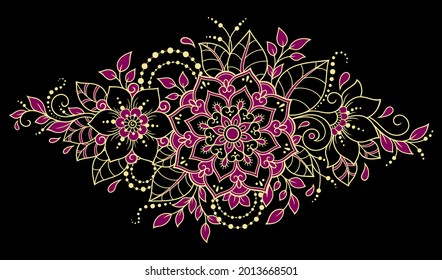 Stylized with henna tattoo decorative pattern for decorating covers book, notebook, postcard, folder. Flower and mandala in mehndi style and eastern tradition. Red design on black background
