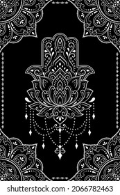 Stylized with henna tattoo decorative pattern for decorating covers book, notebook, casket, postcard and folder. Mandala, Hamsa and border in mehndi style. Frame in the eastern tradition.