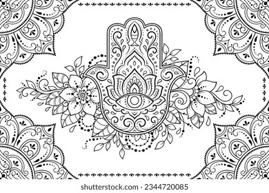 Estilizado con un patrón decorativo de tatuaje de henna para decorar carátulas, cuaderno, cajón, postal y carpeta. Mandala, Hamsa y frontera en estilo mehndi. Marco de la tradición oriental.