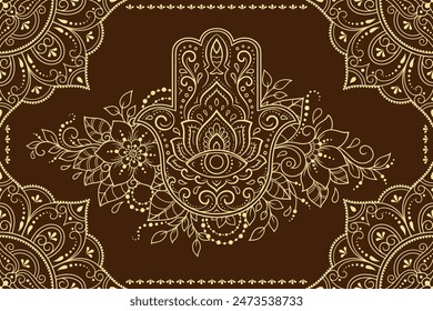 Stylized with henna tattoo decorative pattern for decorating covers book, notebook, casket, postcard and folder. Mandala, Hamsa and border in mehndi style. Frame in the eastern tradition.