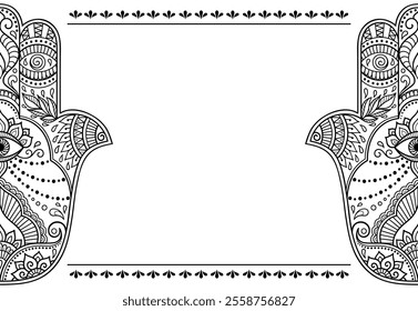 Stylized with henna tattoo decorative pattern for decorating covers book, notebook, casket, postcard and folder. Mandala, Hamsa and border in mehndi style. Frame in the eastern tradition.