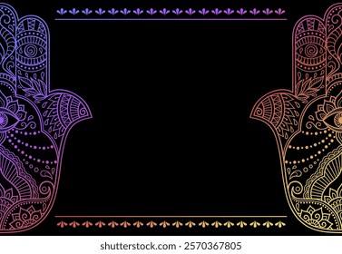 Stylized with henna tattoo decorative pattern for decorating covers book, notebook, casket, postcard and folder. Mandala, Hamsa and border in mehndi style. Frame in the eastern tradition.