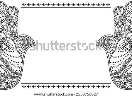 Stylized with henna tattoo decorative pattern for decorating covers book, notebook, casket, postcard and folder. Mandala, Hamsa and border in mehndi style. Frame in the eastern tradition.