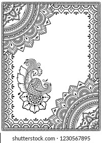 Stylized with henna tattoos decorative pattern for decorating covers book, notebook, casket, postcard and folder. Mandala, flower, peacock and border in mehndi style. Frame in the eastern tradition.