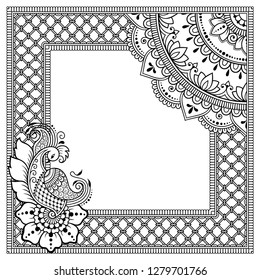 Stylized with henna tattoos decorative pattern for decorating covers book, notebook, casket, postcard and folder. Mandala, flower, peacock and border in mehndi style. Frame in the eastern tradition.