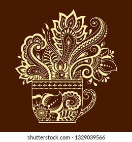 Stylized with henna tattoos decorative pattern in form of cup of coffee for decorating covers for book, notebook, casket and magazine. Flower in mehndi style in eastern tradition. Coloring book page.