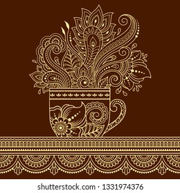Stylized with henna tattoos decorative pattern in form of cup of coffee for decorating covers for book, notebook, casket and magazine. Flower in mehndi style in eastern tradition. Coloring book page.