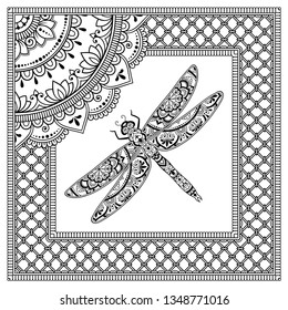 Stylized with henna tattoos decorative pattern for decorating covers book, notebook, casket, postcard and folder. Mandala, flower, dragonfly and border in mehndi style. Frame in the eastern tradition.
