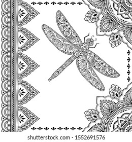 Stylized with henna tattoos decorative pattern for decorating covers book, notebook, casket, postcard and folder. Mandala, flower, dragonfly and border in mehndi style. Frame in the eastern tradition.