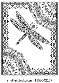 Stylized with henna tattoos decorative pattern for decorating covers book, notebook, casket, postcard and folder. Mandala, flower, dragonfly and border in mehndi style. Frame in the eastern tradition.