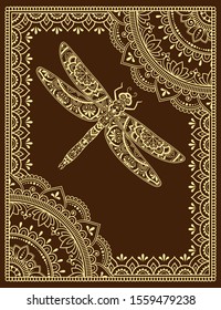 Stylized with henna tattoos decorative pattern for decorating covers book, notebook, casket, postcard and folder. Mandala, flower, dragonfly and border in mehndi style. Frame in the eastern tradition.