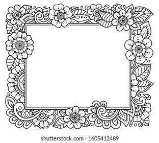Stylized with henna tattoos decorative pattern for decorating covers for book, notebook, casket, magazine, postcard and folder. Flower in mehndi style. Frame in the eastern tradition.