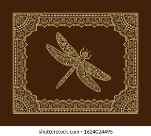 Stylized with henna tattoos decorative pattern for decorating covers book, notebook, casket, postcard and folder. Mandala, flower, dragonfly and border in mehndi style. Frame in the eastern tradition.