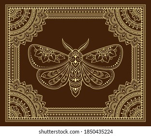 Stylized with henna tattoos decorative pattern for decorating covers book, notebook, casket, postcard and folder. Mandala, flower, moth and border in mehndi style. Frame in the eastern tradition.
