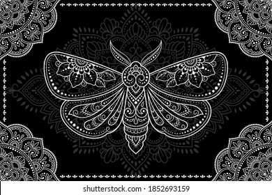 Stylized with henna tattoos decorative pattern for decorating covers book, notebook, casket, postcard and folder. Mandala, flower, moth and border in mehndi style. Frame in the eastern tradition.